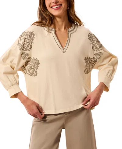Tribal Women's Paisley Park Floral-embroidery 3/4-raglan-sleeve Notch-neck Blouse In Neutral