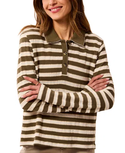 Tribal Women's Paisley Park Long-sleeve Point-collar Jacquard-stripe Polo Shirt In Brown