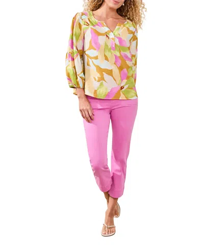 Tribal Women's Printed Challis Smocked Yoke Top In Multi