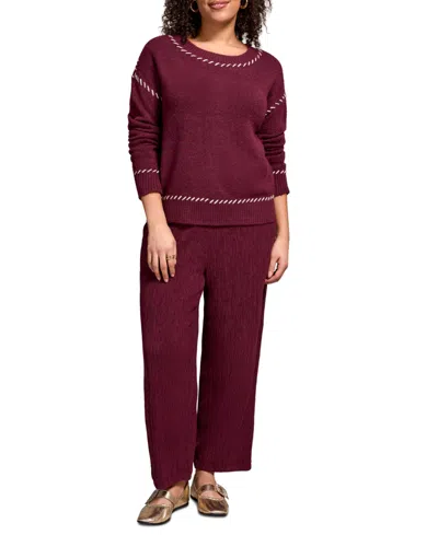 Tribal Women's Saddle Stitch Crew Neck Sweater In Burgundy