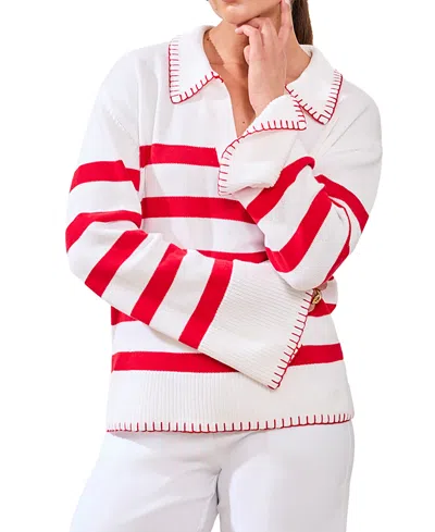 Tribal Women's Striped Polo Sweater In Red