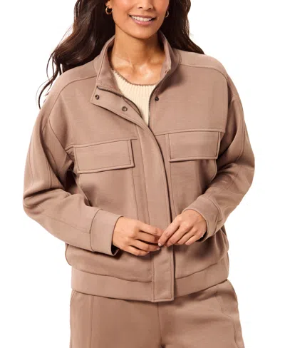 Tribal Women's Techno Lux Mock Neck Utility Scuba-knit Jacket In Neutral