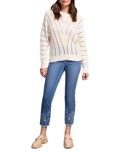 Tribal Women's Textured Special Wash Crew Neck Sweater In White