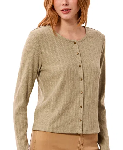 Tribal Women's Vertical Cable Knit Crewneck Cardigan In Neutral