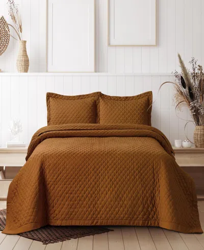 Tribeca Living Brisbane Microfiber Solid Oversized Quilt Set, Queen In Brown