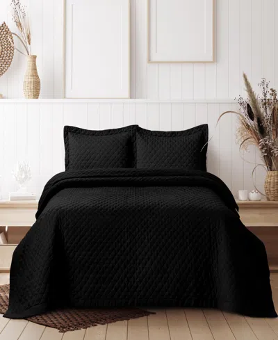 Tribeca Living Brisbane Microfiber Solid Oversized Quilt Set, Twin In Black