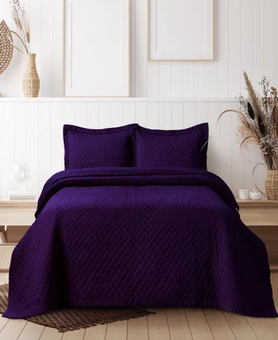 Tribeca Living Brisbane Microfiber Solid Oversized Quilt Set, Twin In Purple