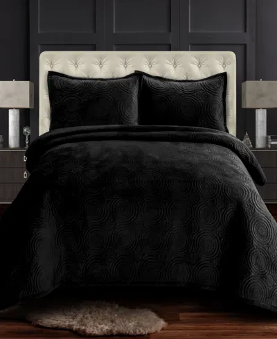 Tribeca Living Capri Medallion Velvet Oversized Solid 3 Piece Quilt Set, King In Black