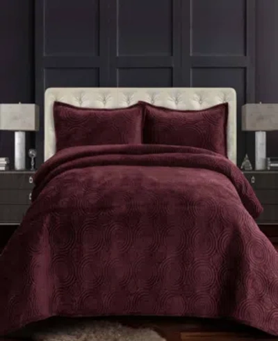 Tribeca Living Capri Medallion Velvet Oversized Solid 3 Piece Quilt Set, King In Medium Purple