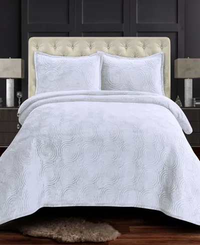 Tribeca Living Capri Medallion Velvet Oversized Solid 3 Piece Quilt Set, King In White