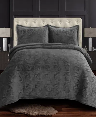 Tribeca Living Capri Medallion Velvet Oversized Solid 3 Piece Quilt Set, Queen In Gray