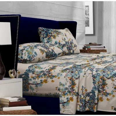 Tribeca Living Casablanca 300 Thread Count Floral Egyptian Certified Cotton Sateen Sheet Set In Blue;beige;yellow