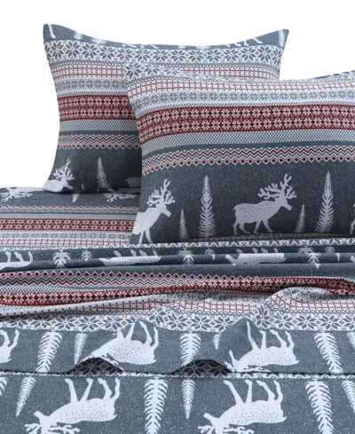 Tribeca Living Cotton Flannel 3-pc Extra Deep Pocket Sheet Set, Twin Xl In Dark Gray Reindeers