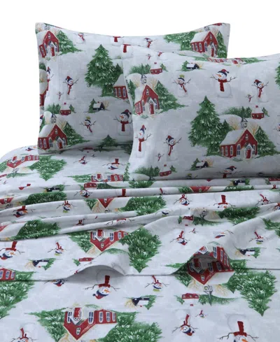 Tribeca Living Holiday Printed Cotton Flannel Extra Deep 4-pc. Sheet Set, Full In Red And Green Snowman