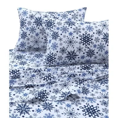 Tribeca Living Cozy Snowflakes 170-gsm Printed Flannel Extra Deep Pocket 100% Cotton Sheet Set In Blue
