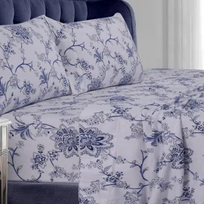 Tribeca Living Floral Flannel Sheet Set In White;gray;navy