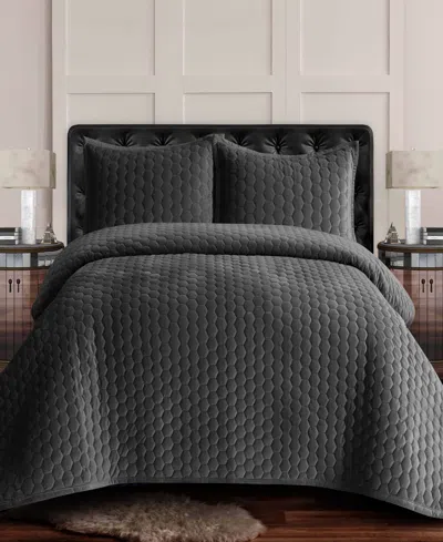 Tribeca Living Lugano Honeycomb Velvet Oversized Solid 2 Piece Quilt Set, Twin In Gray