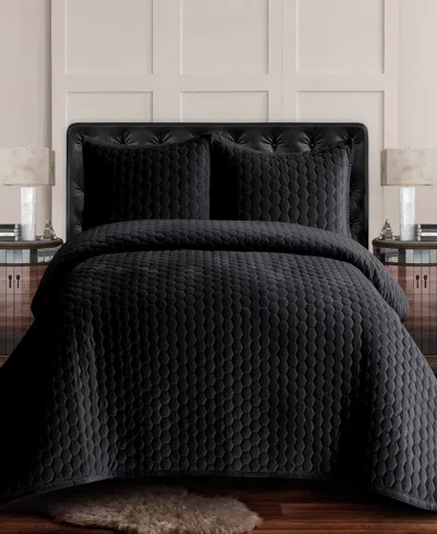 Tribeca Living Lugano Honeycomb Velvet Oversized Solid 2 Piece Quilt Set, Twin In Black