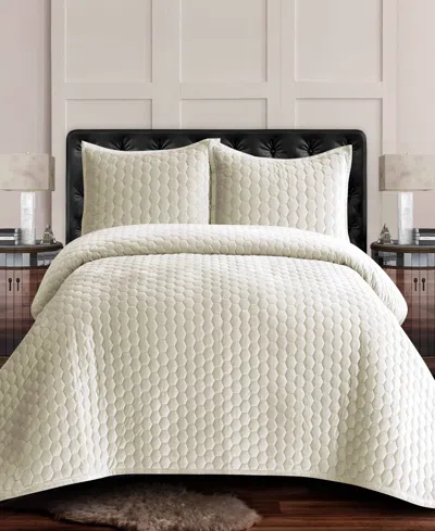 Tribeca Living Lugano Honeycomb Velvet Oversized Solid 2 Piece Quilt Set, Twin In Neutral