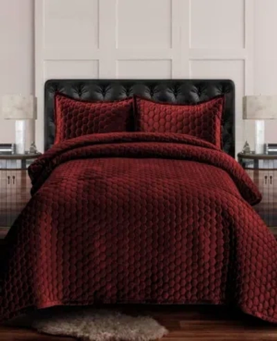 TRIBECA LIVING LUGANO HONEYCOMB VELVET OVERSIZED SOLID 3 PIECE QUILT SET, KING