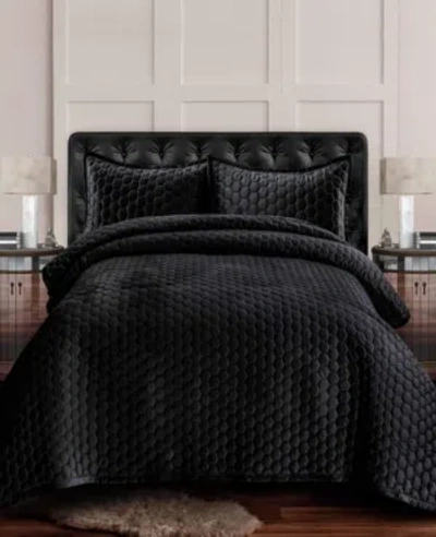 Tribeca Living Lugano Honeycomb Velvet Oversized Solid 3 Piece Quilt Set, King In Medium Gray