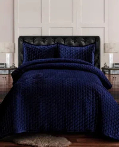 Tribeca Living Lugano Honeycomb Velvet Oversized Solid 3 Piece Quilt Set, King In Navy