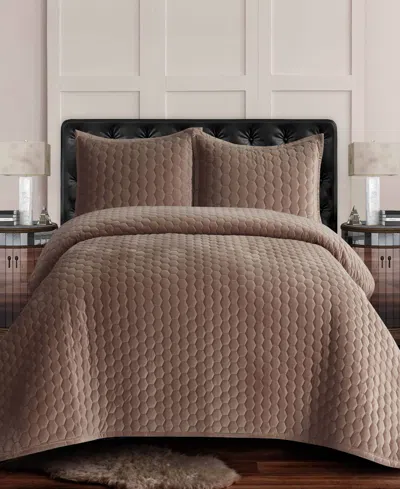 Tribeca Living Lugano Honeycomb Velvet Oversized Solid 3 Piece Quilt Set, Queen In Brown