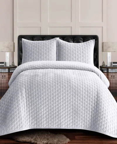 Tribeca Living Lugano Honeycomb Velvet Oversized Solid 3 Piece Quilt Set, Queen In White