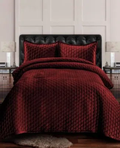Tribeca Living Lugano Honeycomb Velvet Oversized Solid Quilt Set In Burgundy