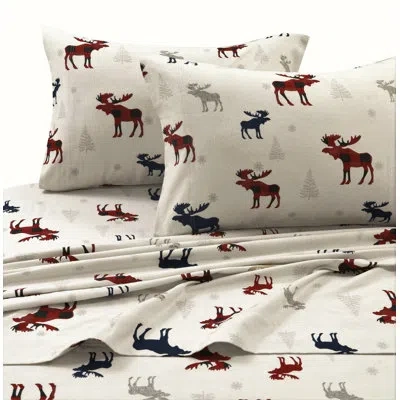 Tribeca Living Plaid Moose 170-gsm Printed Flannel Extra Deep Pocket 100% Cotton Sheet Set In Gray;red;navy