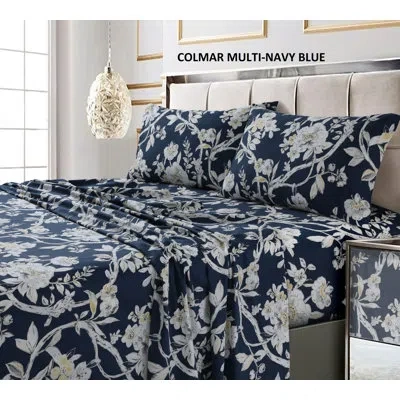 Tribeca Living Printed 300 Thread Count Sheets 300 Thread Count 100% Cotton Sheet Set In Navy Blue