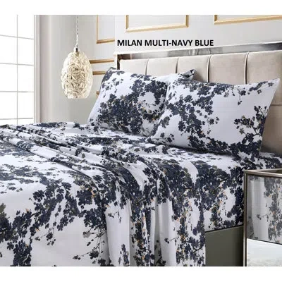 Tribeca Living Printed 300 Thread Count Sheets 300 Thread Count 100% Cotton Sheet Set In White;navy