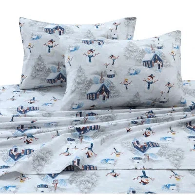Tribeca Living Snowman 170-gsm Printed Flannel Extra Deep Pocket 100% Cotton Sheet Set In Blue;gray