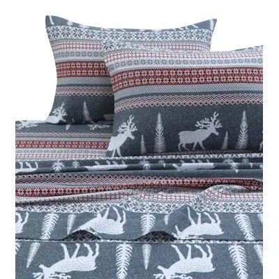 Tribeca Living Winter Reindeer 170-gsm Printed Flannel Extra Deep Pocket 100% Cotton Sheet Set In Gray;red
