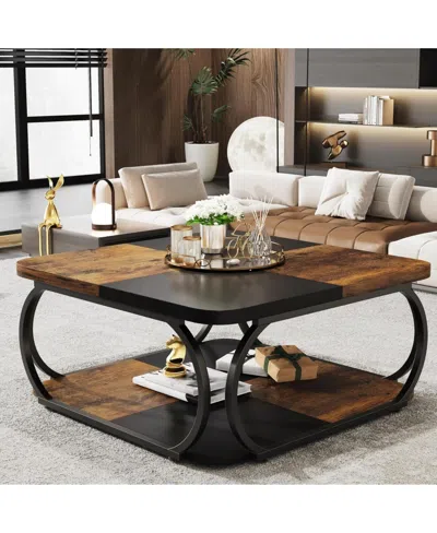 Tribesigns Coffee Table With Open Storage Shelf For Living Room, 39 Inch Large Wood Center Table Square Low Cof In Rustic Brown  Black