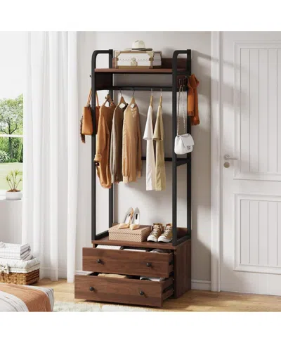 Tribesigns Freestanding Closet Organizer Small Clothes Rack With Drawers And Shelves, Heavy Duty Coat Rack Smal In Rustic Brown