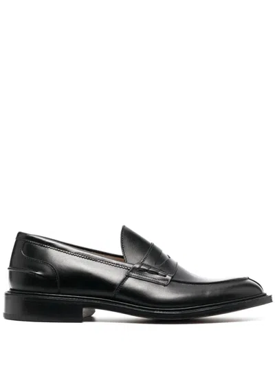 Tricker's Almond Toe Leather Loafers In Black