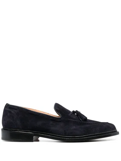 Tricker's Navy Blue Suede Elton Loafers In Black