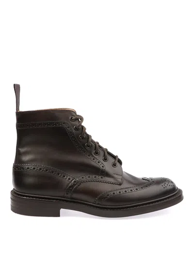 Tricker's Leather Stow Combat Booties With Brogue Design In Black