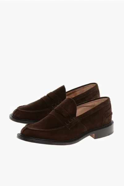 Tricker's Chocolate Suede James Loafer With Leather Sole In Black
