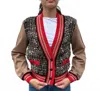 Tricot Chic Tweed Mixed Fabric Cardigan In Biege/red In Multi