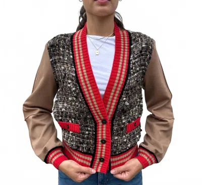 Tricot Chic Tweed Mixed Fabric Cardigan In Biege/red In Multi