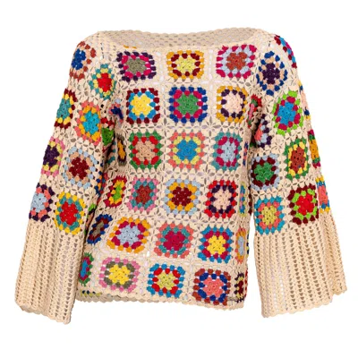 Tricult Women's White Square Crochet Long Sleeve Blouse In Neutral