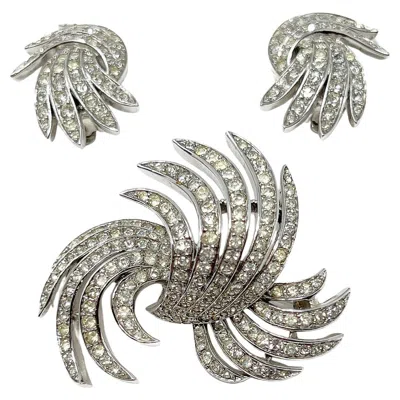 Pre-owned Trifari 1950s Rhinestone Swirl Design Vintage Brooch And Earrings Set In Multi