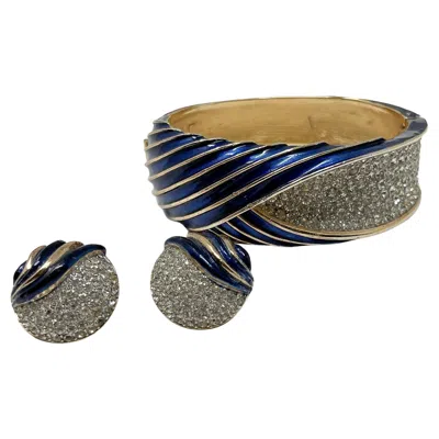 Pre-owned Trifari 1960s Gold Plate, Enamel And Rhinestone Vintage Cuff And Earrings Set In Multi