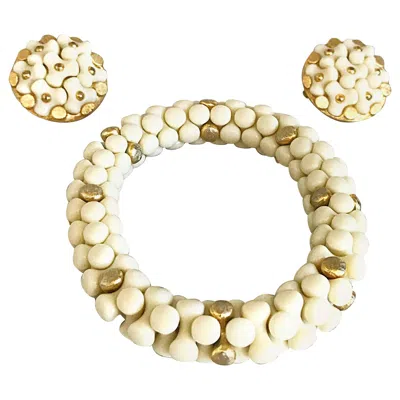 Pre-owned Trifari 1960s  Signed Ivory And Gold Vintage 60s Clip On Earrings And Bracelet In White