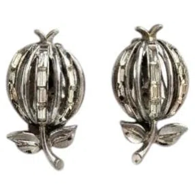 Pre-owned Trifari 1970s  Silver-tone Apple Clip-on Earrings With Baguette Crystals In Multiple