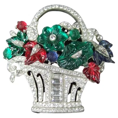 Pre-owned Trifari Art Deco Carved Glass Fruit Salad Flower Basket Brooch C 1930s In Multi