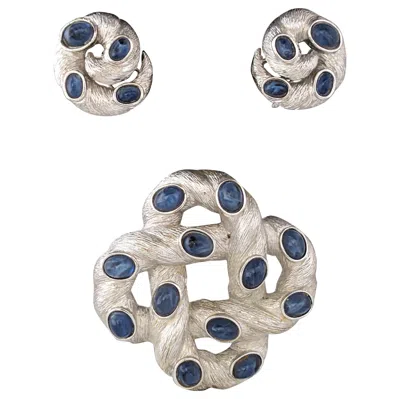 Pre-owned Trifari Brushed Silver And Sapphire Cab Suite In Blue