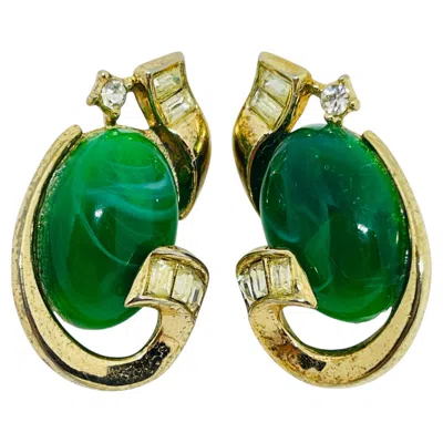 Pre-owned Trifari Crown 'caravan' Vintage Swirled Green Jade Glass Clip On Earrings 1955